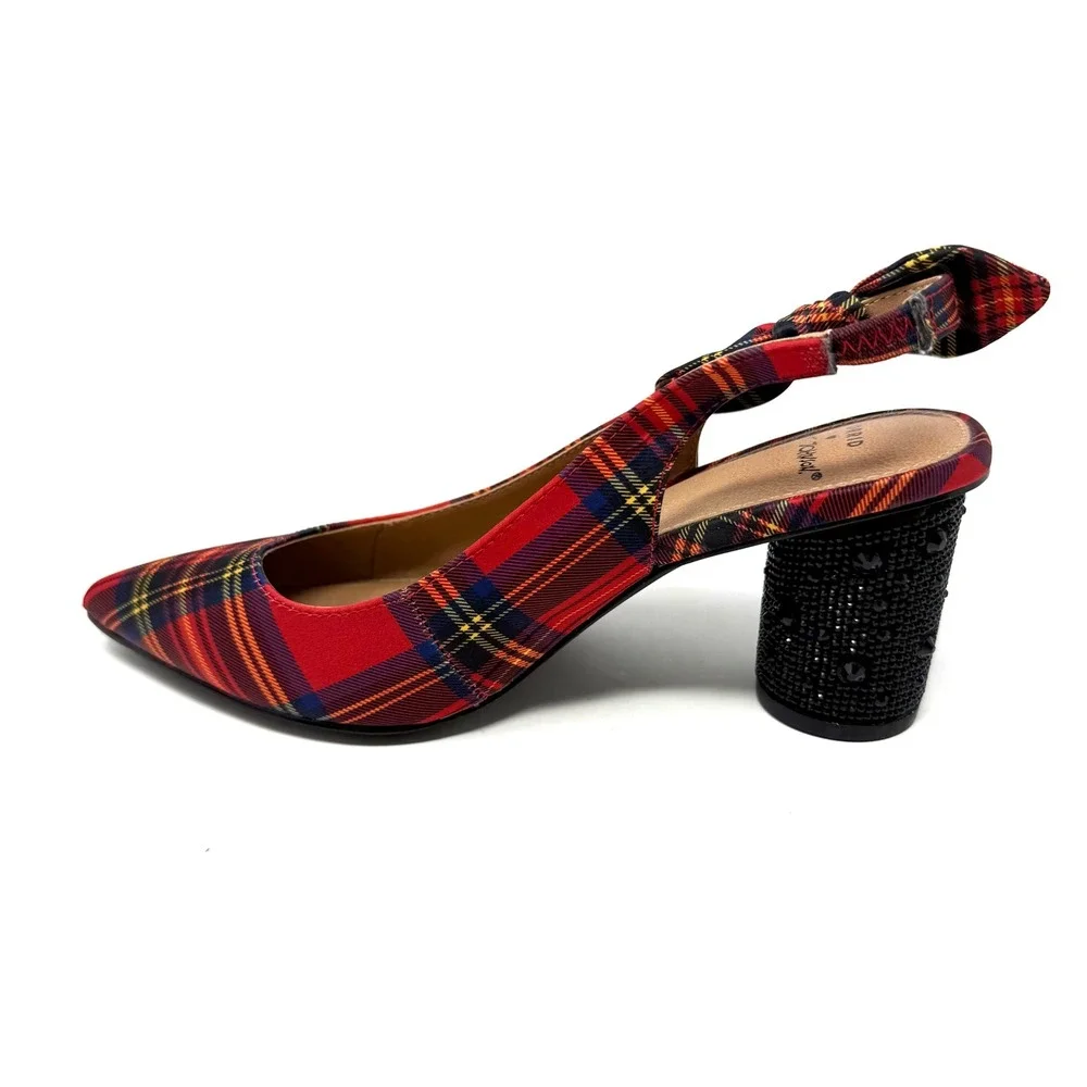 Betsey Johnson Torrid Red Plaid Slingback Block Heels Rhinestone Bow Pumps 8W‎